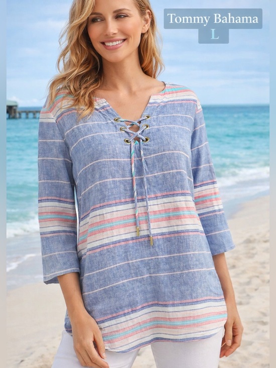 Tommy Bahama Tops - Tommy Bahama Linen Striped top womens large Coastal blue vacation beachy boho
